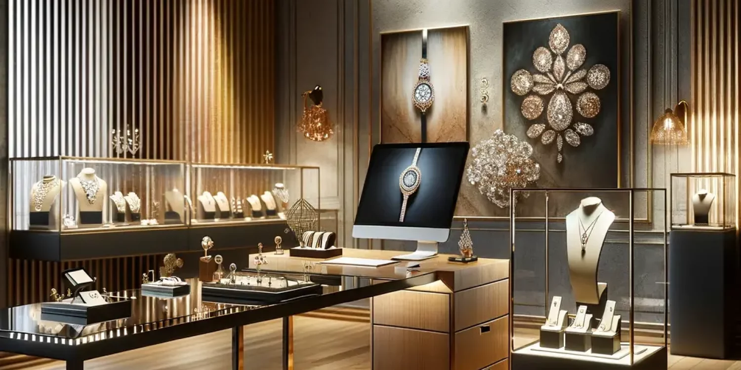 DALL·E 2023-11-23 19.39.04 – An elegant and modern office space that reflects a professional environment for a high-end jewelry business. The scene includes a polished wooden desk DALL·E 2023-11-23 19.39.04 - An elegant and modern office space that reflects a professional environment for a high-end jewelry business. The scene includes a polished wooden desk